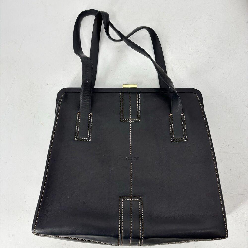 DKNY Genuine Leather Black Structured Frame Tote Shoulder Bag Contrast Stitch